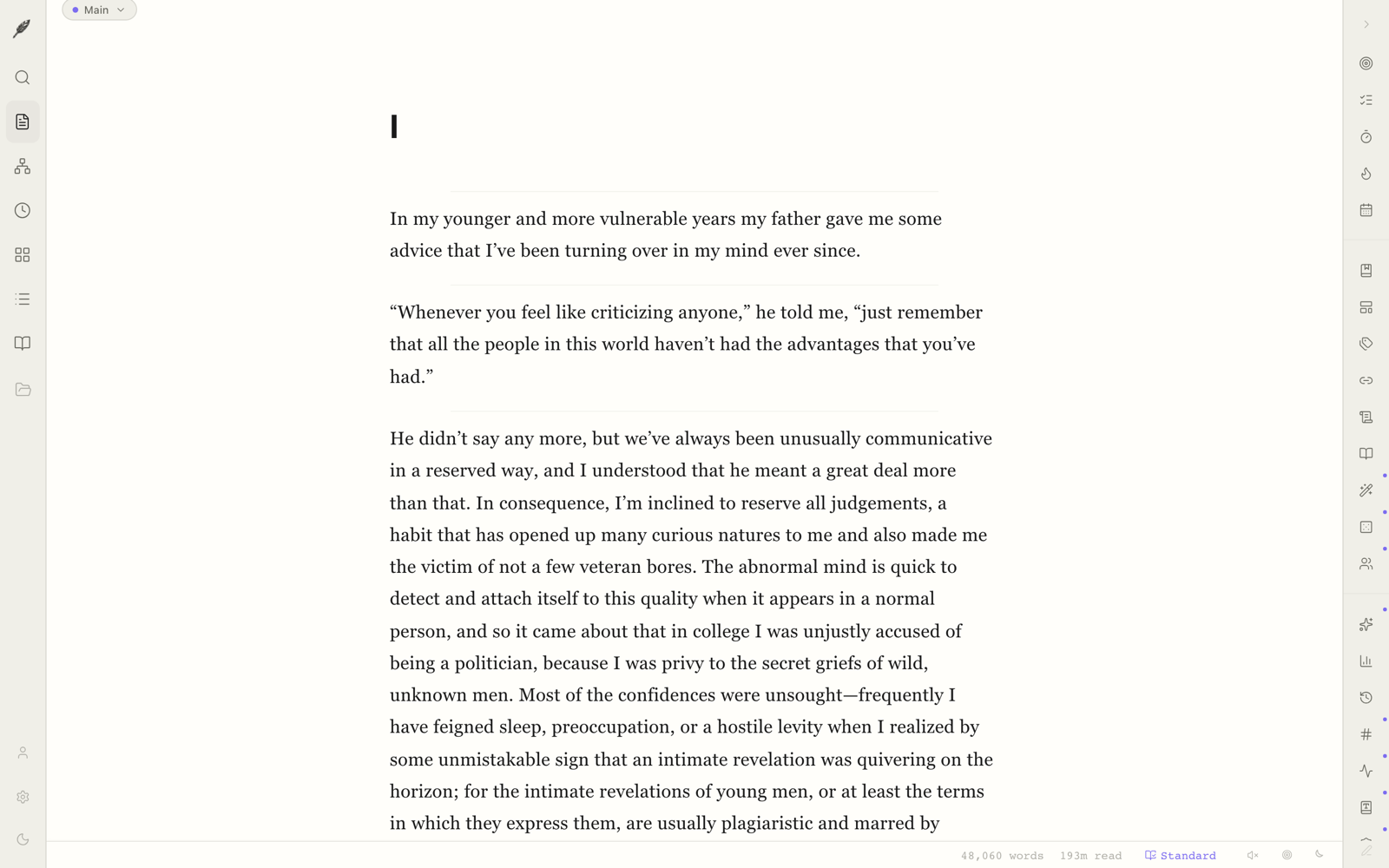 The Loomwork editor — a single column of text on warm paper, with a quiet navigation rail to the left.