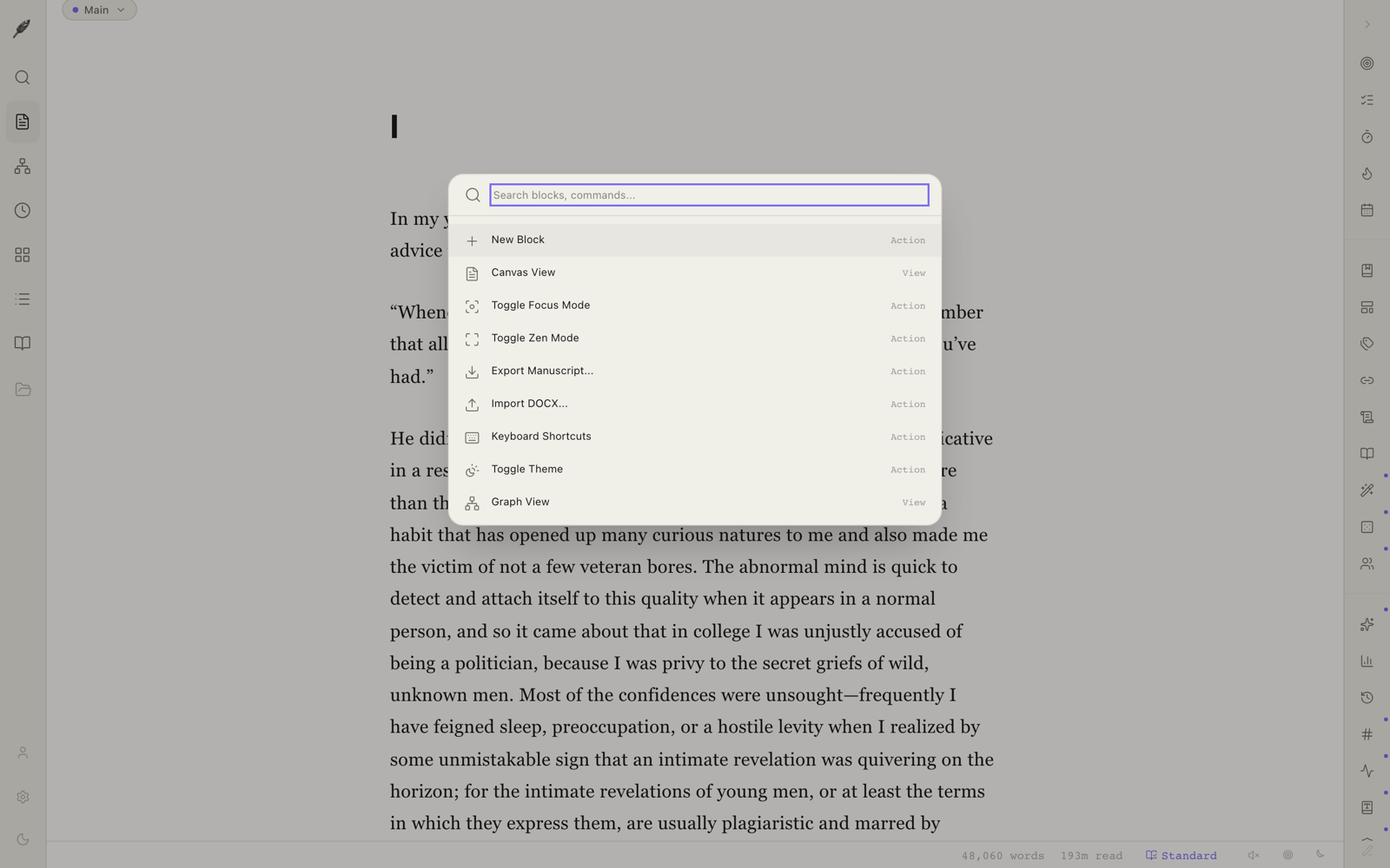 Slash menu showing block types.
