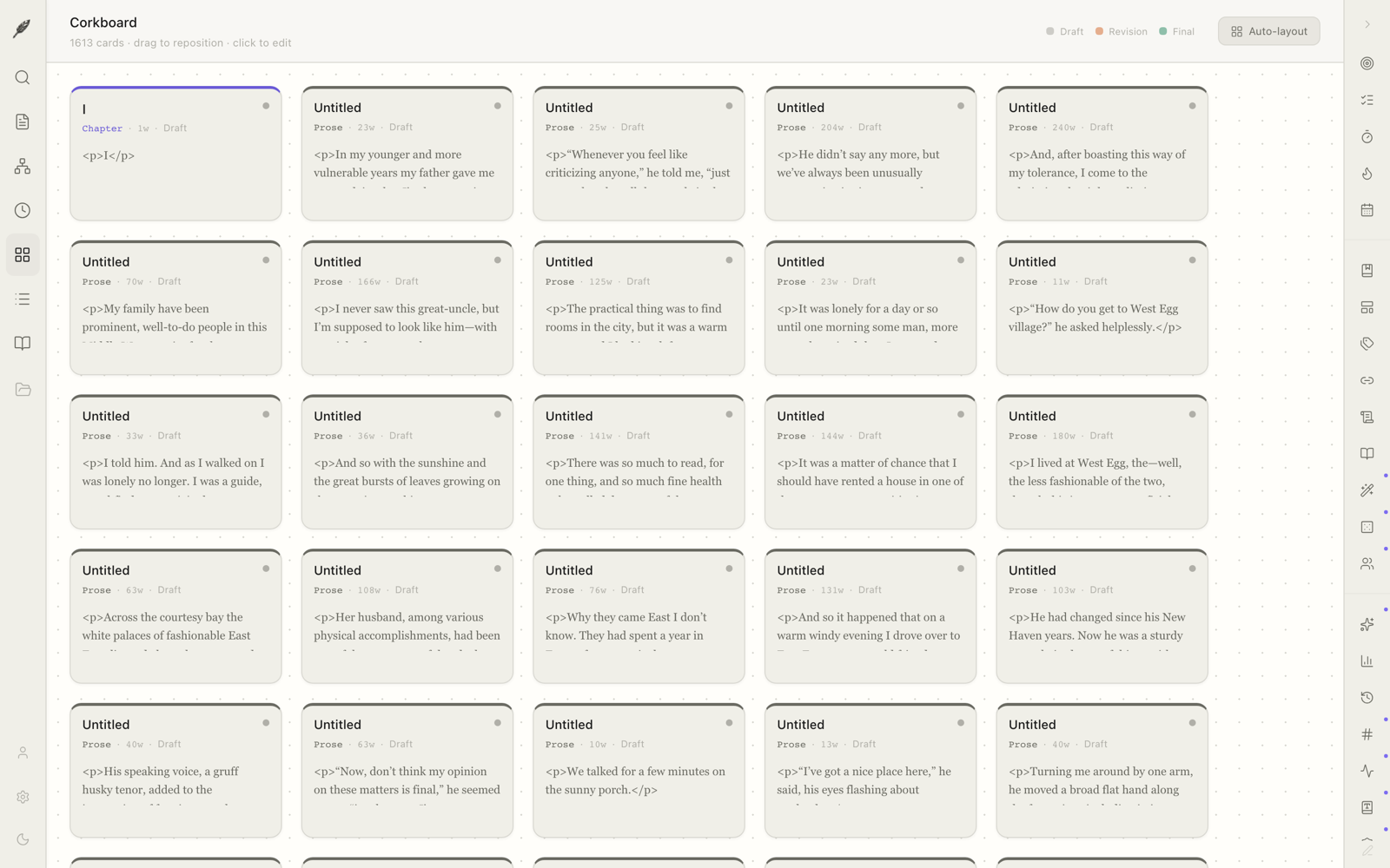 The index cards — a corkboard of scenes.