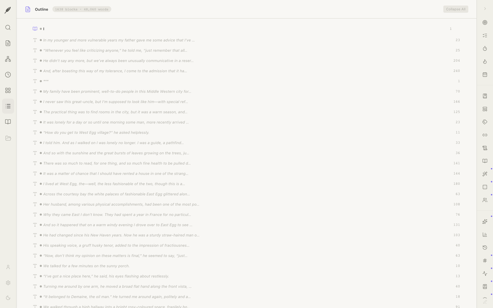 The binder — a nested outline of parts, chapters, and scenes.