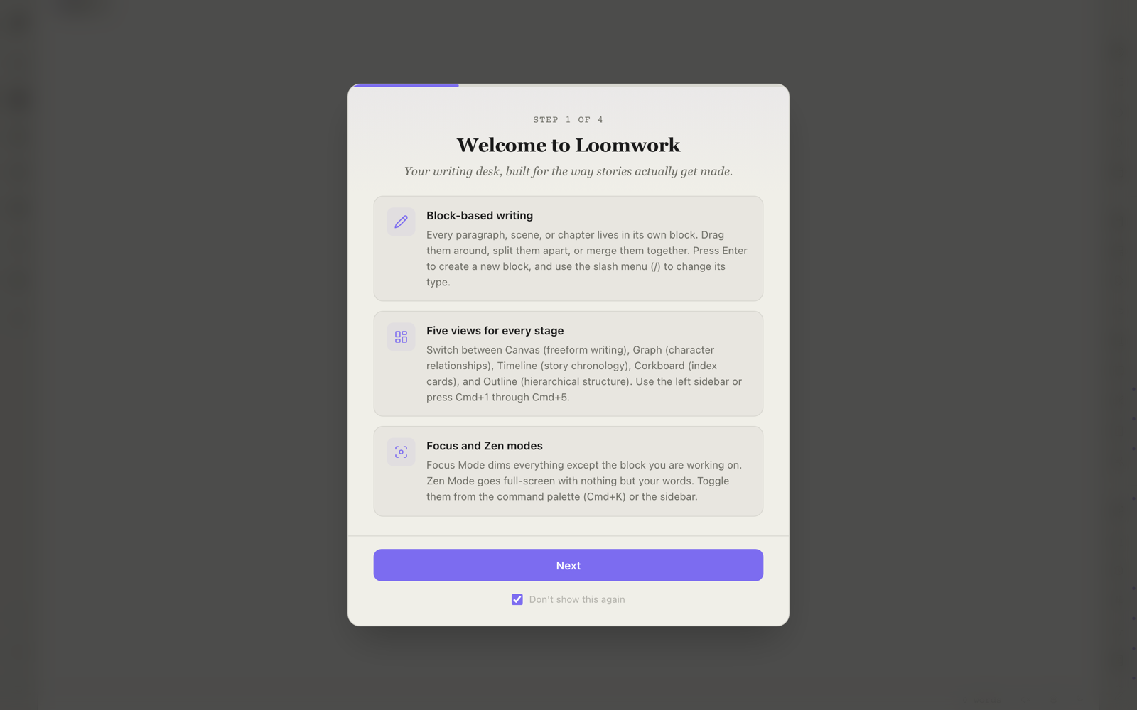 Welcome screen with project type picker.