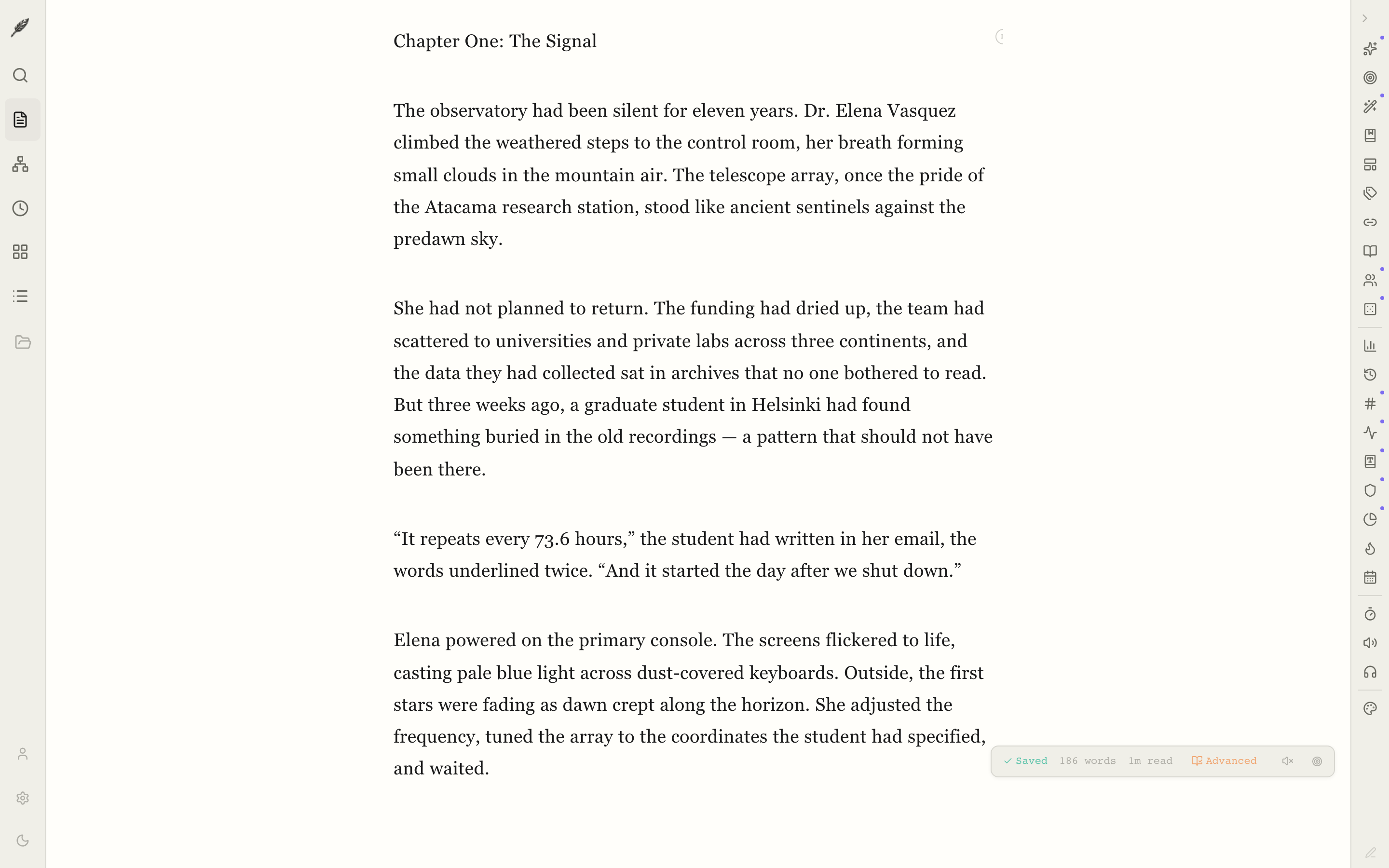Loomwork writing interface showing a novel manuscript in light mode — clean, focused, and distraction-free
