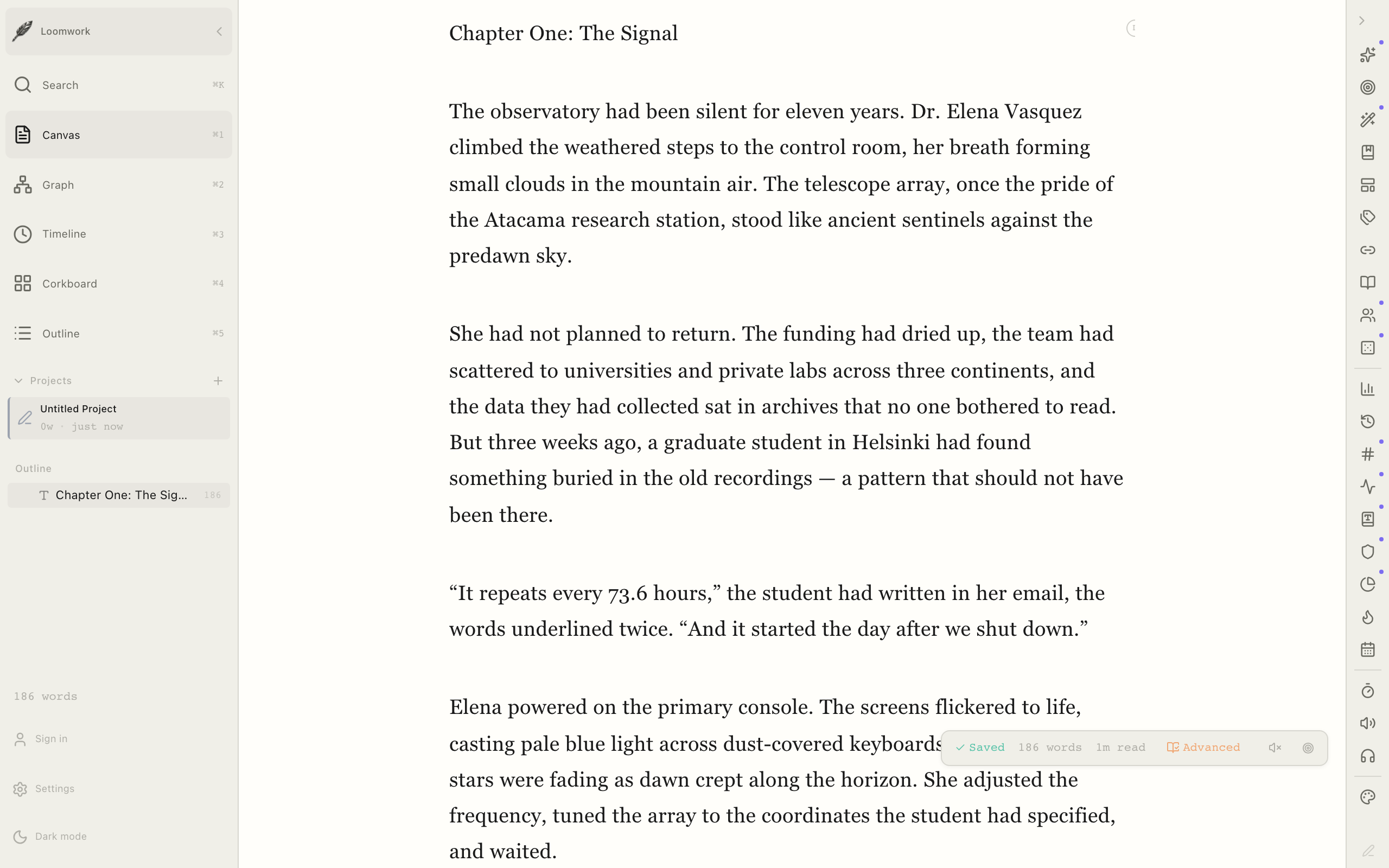 Loomwork writing interface with the sidebar open, showing the full application — editor, navigation, and project structure